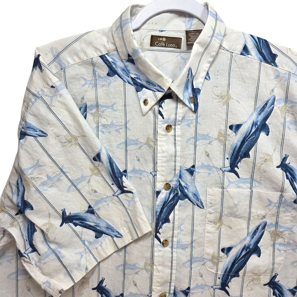 Cafe Luna Mens XL Shark Fish Print Button Down Shirt Blue White Cotton Nautical‎